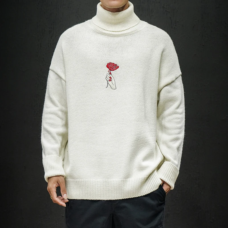 YUECHE Autumn And Winter Men's New Plant Pattern Embroidery Turtleneck Sweater Loose Large Size Coarse Wool M-5XL