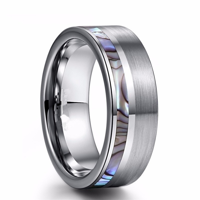 Trend 8mm Blue Rose Gold Tungsten Carbide Rings Hawaiian Koa Abalone Shell Opal Inlay Ring Engagement Wedding Band Jewelry
