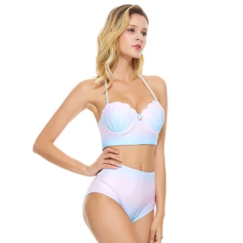 

SE Brand High Waist Bikini Shell Push Up Swimsuit Women Strappy Beach Biquini Female Pearl Bathing Suit Summer May Swimwear