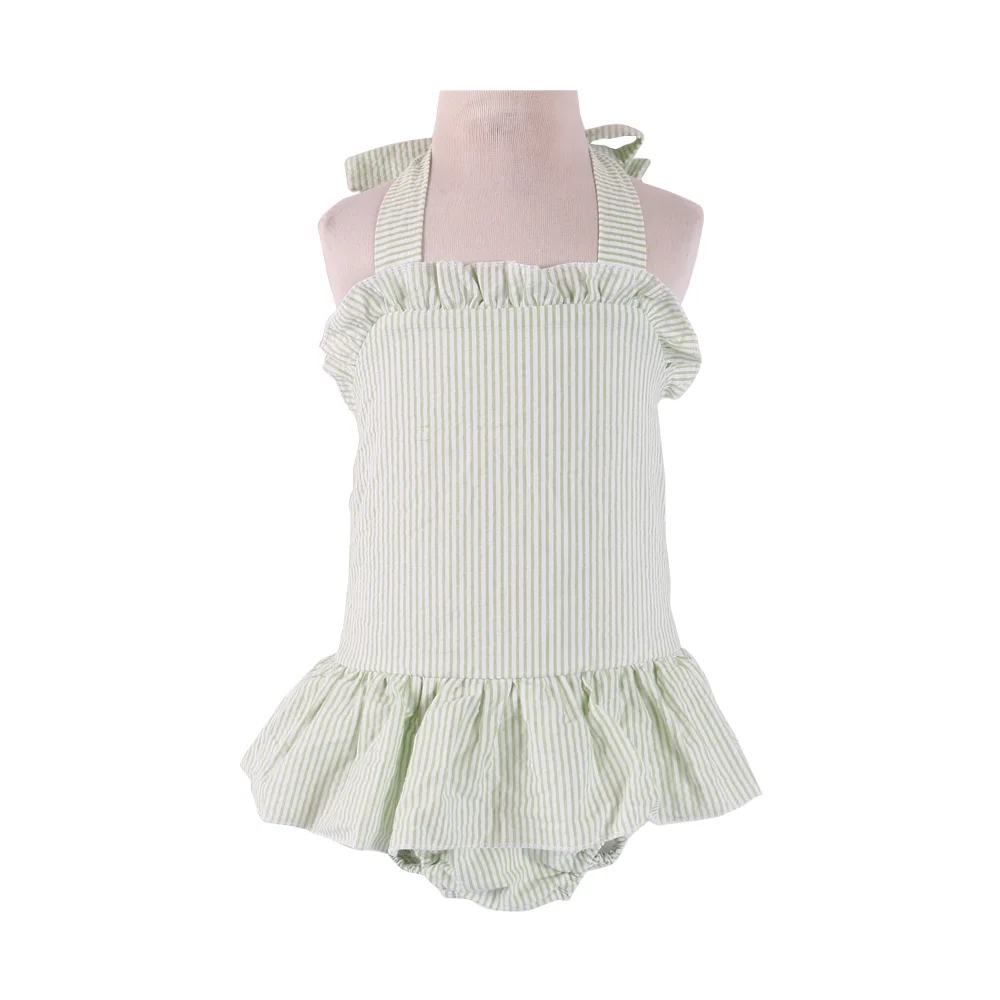 lime stripe Seersuck Детские купальники для девочек гофрированные цельные детские купальники без рукавов хлопчатобумажные купальники детские спортивные - Цвет: lime stripe