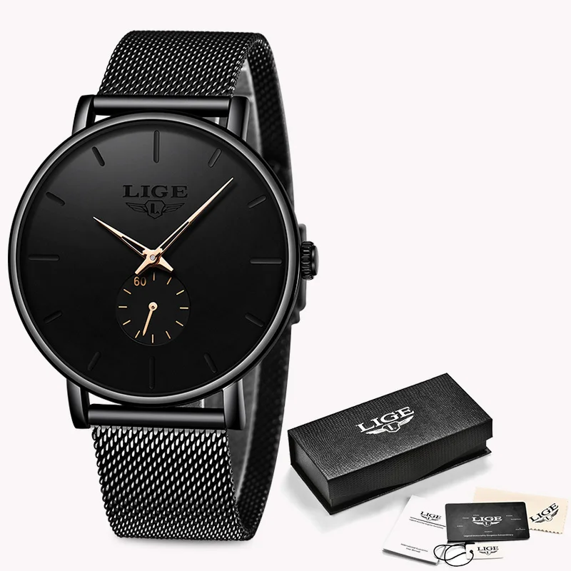 black rose gold LIGE модные часы мужские водонепроницаемые тонкие сетчатые ремешок минималистичные наручные часы для мужчин кварцевые спортивные часы Relogio Masculino - Цвет: black rose gold