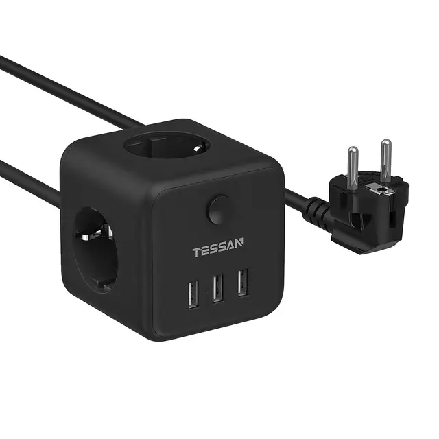 TESSAN 12-Way Socket Strip (2500W / 10A) 5 USB Ports, Multiple Sockets with Switch Overload Protection for Home Office, 2m cable TS-301-BK