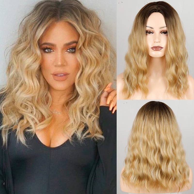 Moda feminina médio longo ondulado loira peruca ombre loira marrom sintético resistente ao calor peruca de fibra para mulher