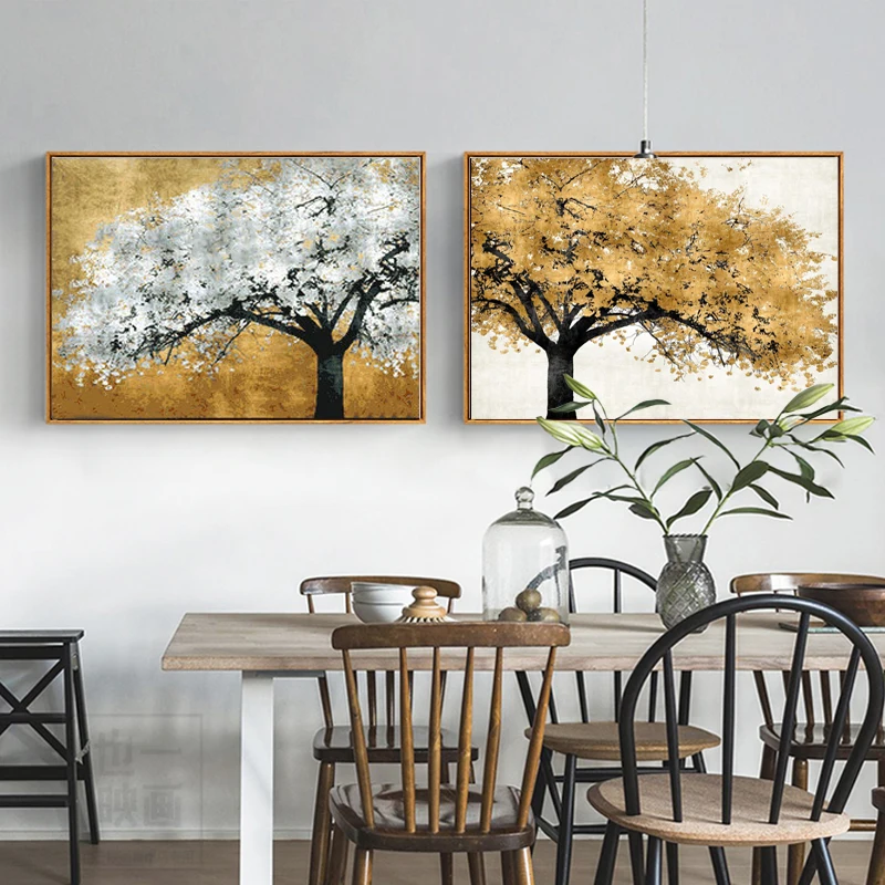 

Golden Silver Rich Tree Modern Canvas Paintings Abstract Art for Living Room Posters And Prints Landscape Pictures Unframed
