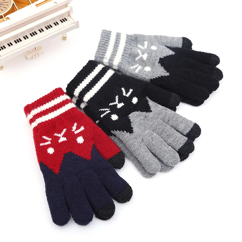 

Winter Touch Screen Gloves Women Cut Cat Warm Stretch Knit Mittens Imitation Wool Full Finger Guantes Female Crochet Thicken