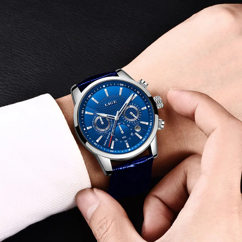 LIGE Fashion Watches Men Top Brand Luxury Blue Watches Waterproof Leather Sport Chronograph Quartz Wrist Watch Male Reloj Hombre