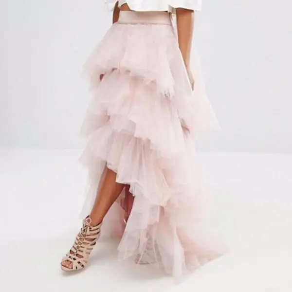 

Gorgeous Light Pink Tulle Skirt Layered Tiered Puffy Women Tutu Skirts Wedding Cheap Formal Party Gowns High Low Long Skirts
