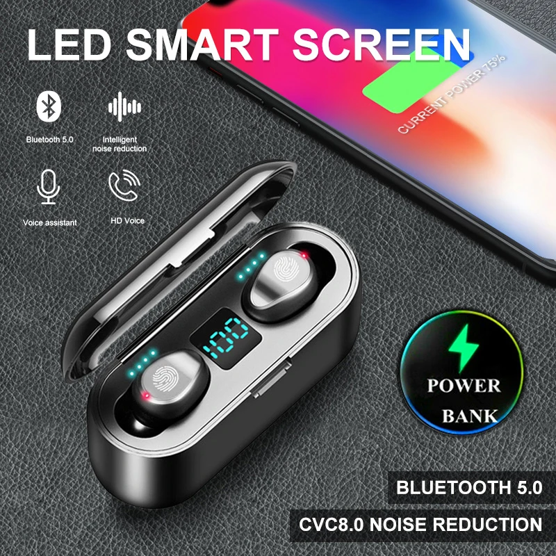 Оригинальные беспроводные наушники F9 TWS, Bluetooth V5.0, Беспроводные светодиодный наушники buletooth с дисплеем, 2000 мА/ч, внешний аккумулятор, гарнитура