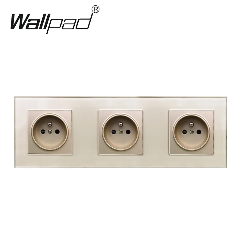 Triple French Socket Plug Grounded Wallpad Gold Glass Frame 16a Eu