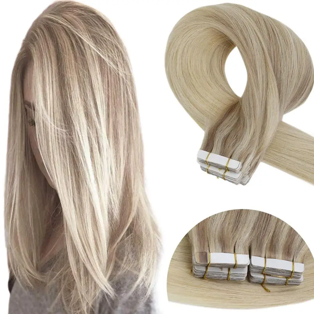 

VeSunny Tape in Hair Extensions Adhesive Real Human Hair Blonde Skin Weft Brown Machine Remy Glue on Hair 50g #Nordic Gloden