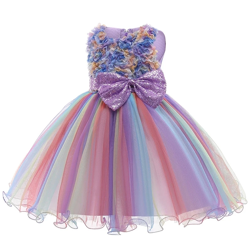 High Quality Summer Girls Dress Rainbow Mesh Bow Birthday Party Dance Costume Little Princess Dress Kids Clothes 1-10 Years Old
