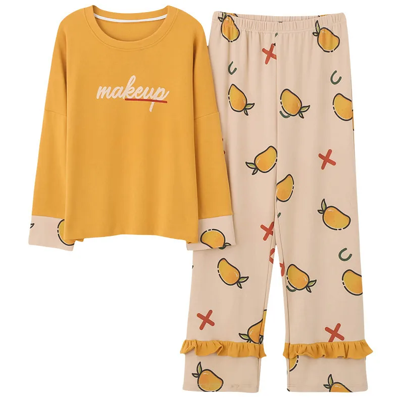 Cumplido novato Mucho bien bueno Fashion Pijamas Women Home Clothes Cotton Adult Pajamas Set Long Sleeves  Ruffle Pants Cute Mango Printing Cotton Sleepwear Girls _ - AliExpress  Mobile