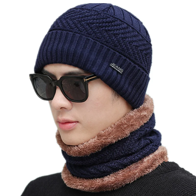 Navy Blue 2pcs / комплект шапка мода шапка мужская зимняя вязание шапки для мужские теплый толстый плюс футеровка акрил шапка - Цвет: Navy Blue