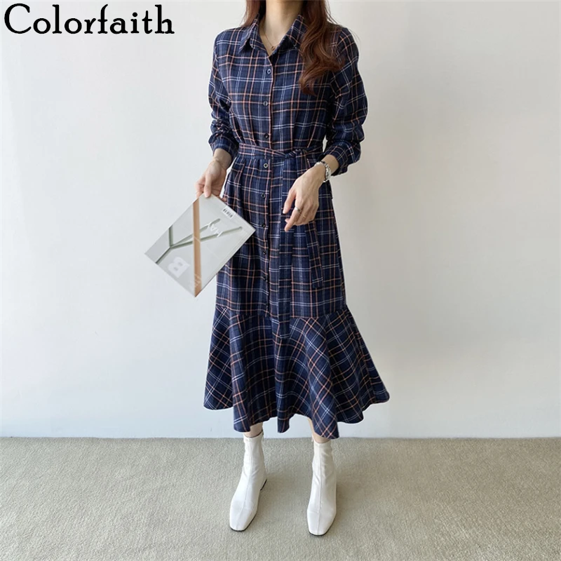 Colorfaith новинка 2020 весна осень женские платья Русалка в клетку с отворотом