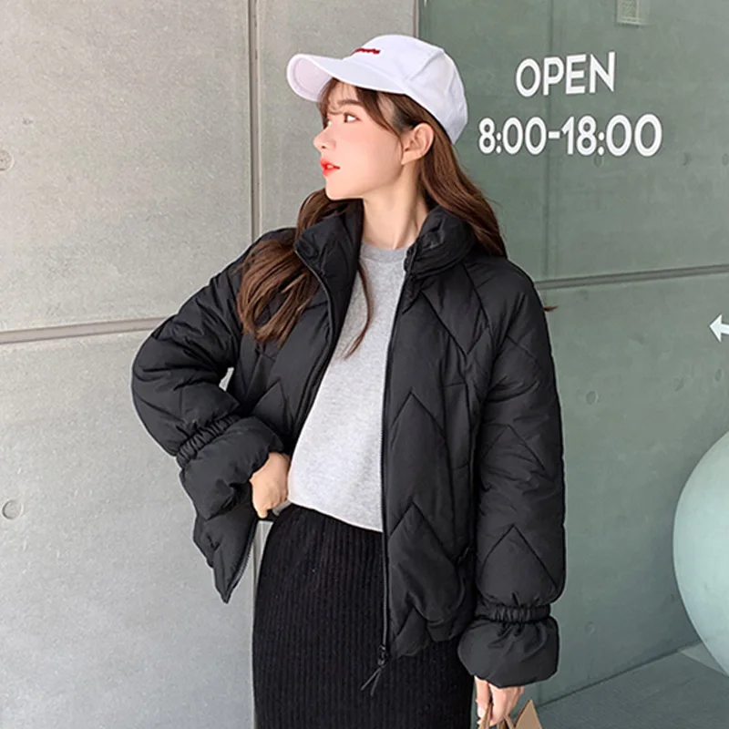 New Women Winter Short Coat Female Stand Collar Parka Thick Cotton Casual Jacket Autumn Warm Fashion Padded - Color: Black