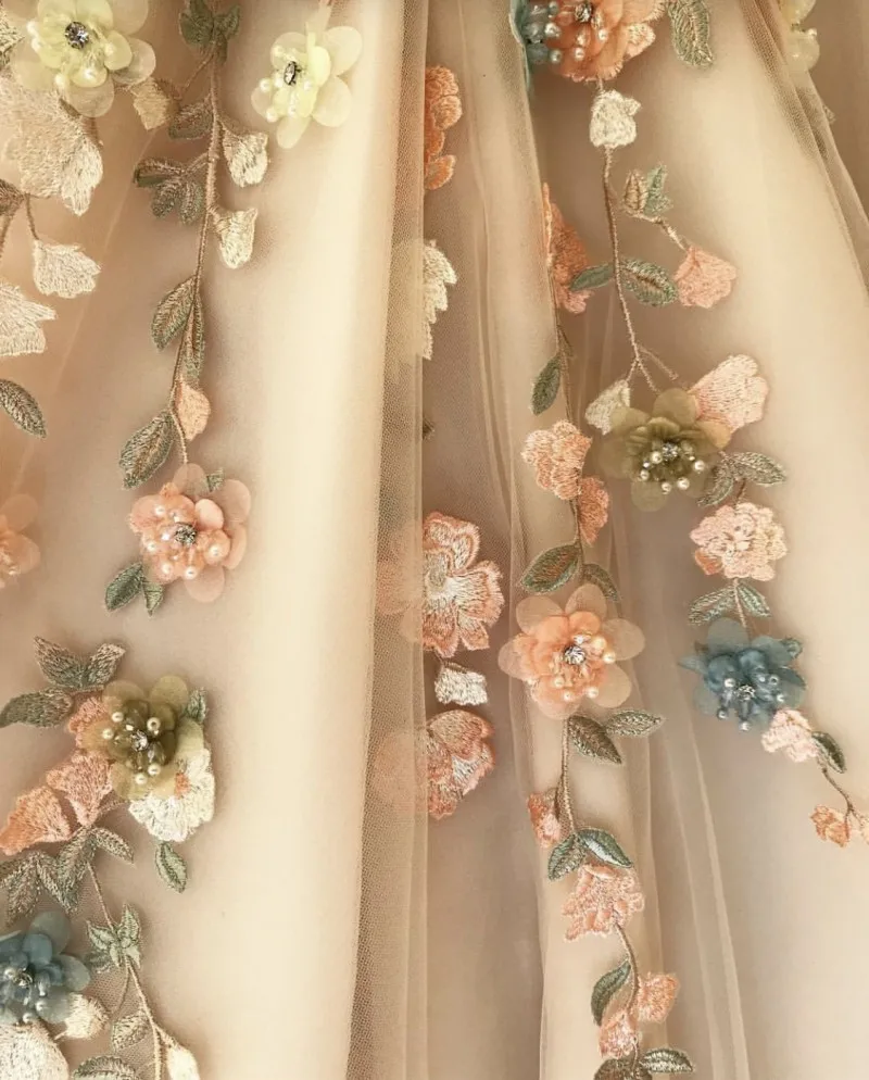Elegant Prom Dress Long V-Neck Appliques with Flowers Handmade Side Split Tulle Evening Gowns Party Graduation vestido de festa