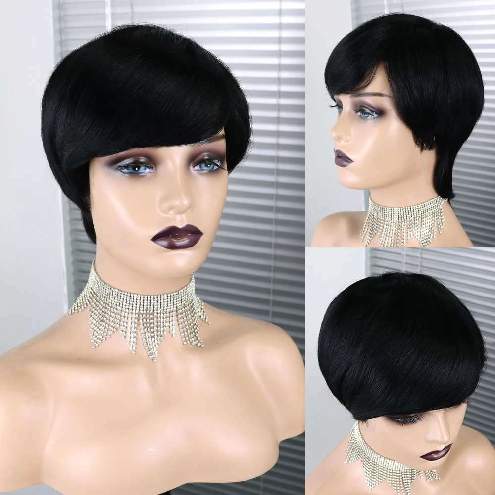 Perucas com Franja para Preto Brasileiro Cabelo Humano Pixie Corte Curto Completo Máquina Feita 100% 7 High Quality Apliques e perucas