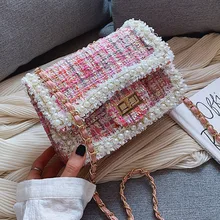  Classic Chain Shoulder Bag High Quality Retro Fashion High-grade Fabric Pearl Chain Small Square Bag Crossbody Bag 