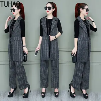 

TUHAO 3 Piece Set Woman Striped Suit Waistcoat Women's Autumn Blazer Pants Western Style Three-piece Suit Office Lady WM04