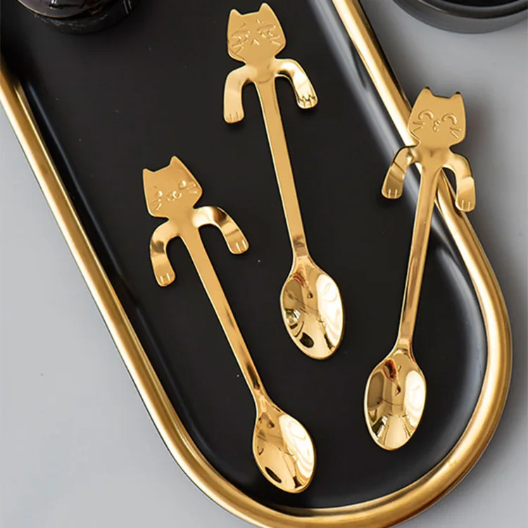 304 Stainless Steel Creative Cat Spoon Handle Hanging Spoon Cute Cartoon Animal Cat Dessert Coffee kichen accessories