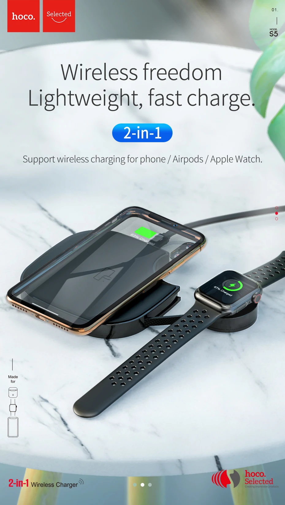 HOCO 2в1 Qi Беспроводное зарядное устройство для iPhone 8 X XS Max XR для Apple Watch 4 3 2 1 10 Вт быстрая Беспроводная зарядка для samsung S10 S9