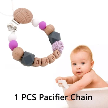 

Cute Safe Nipple Holder Silicone Wood Baby Chew Pacifier Clips Teething Chain Baby Teether Eco-friendly Dummy Clips Holder