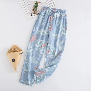 

2020 New Spring Summer Couples Home Pants Women Cotton Double Gauze Thin Sleep Pants Sleep Bottoms Casual Printing Pyjamas