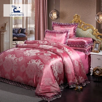 

Liv-Esthete Lace Decor Bedding Set Luxury 100% Cotton Bed Linen Set Double Elastic Band Fitted Sheet Duvet Cover Satin Silk