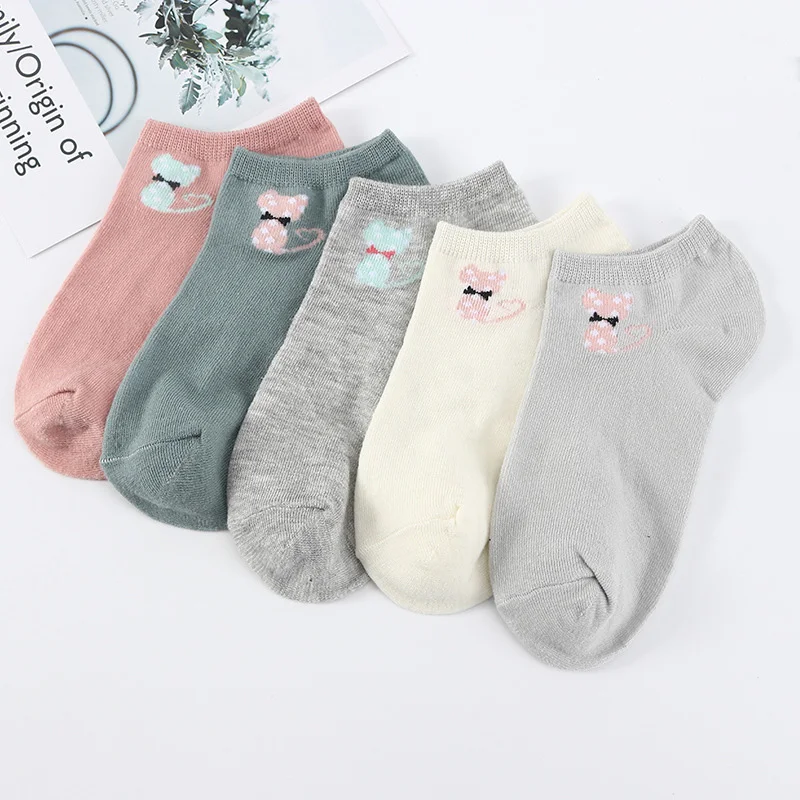 5 пар/партия, женские короткие носки с принтом кота Kawaii, Модные Женские однотонные хлопковые короткие носки, удобные повседневные носки-башмачки