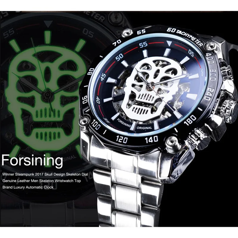 

Forsining Style Fashion Hollow out Night Light Skull Automatic Analog Watch