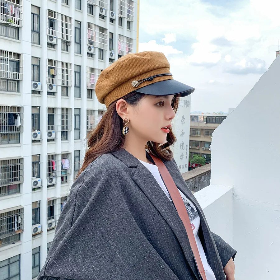 Fashion black hat ladies casual streetwear rope flat top hat elegant solid autumn and winter warm beret ladies