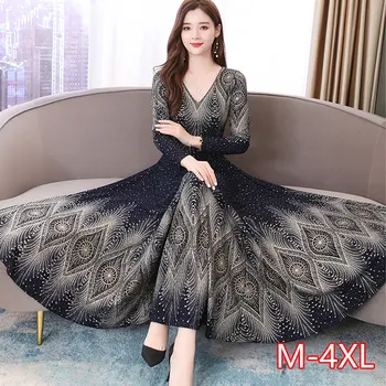 

Plus Size M-4XL High Quality Spring Autumn New Arrival V Collar Long Sleeve Flower Printed Woman Elegant Long Dress vestidos