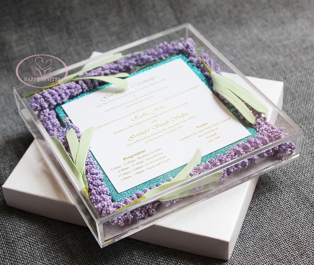 HI4083-03 Acrylic Box Wedding Invitation with Lavender Flowers Gold Foil Print For Lavender Theme Wedding