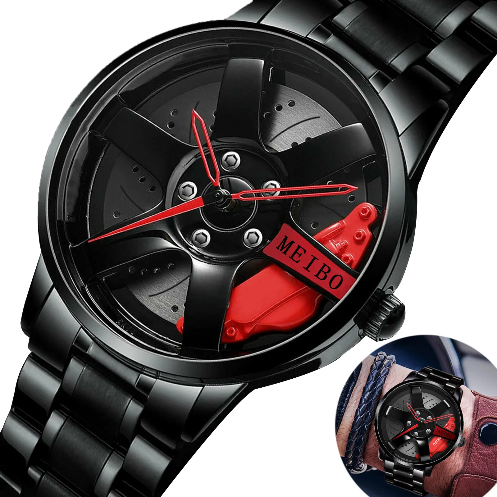 

Quartz Watches for Men Waterproof Vacuum Plating Strap with Car Wheel Rim Hub Design Sport Automatic Non-Mechanical Wristwatch