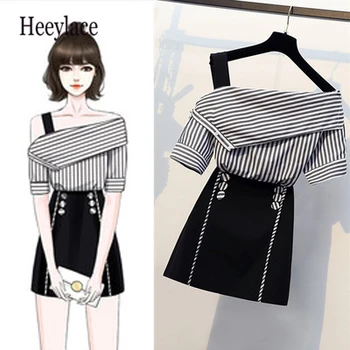 

plus size office ladies Two Pieces Set Summer One Shoulder short Sleeve Striped Print Top + High Waist a-line Mini Skirt Suits