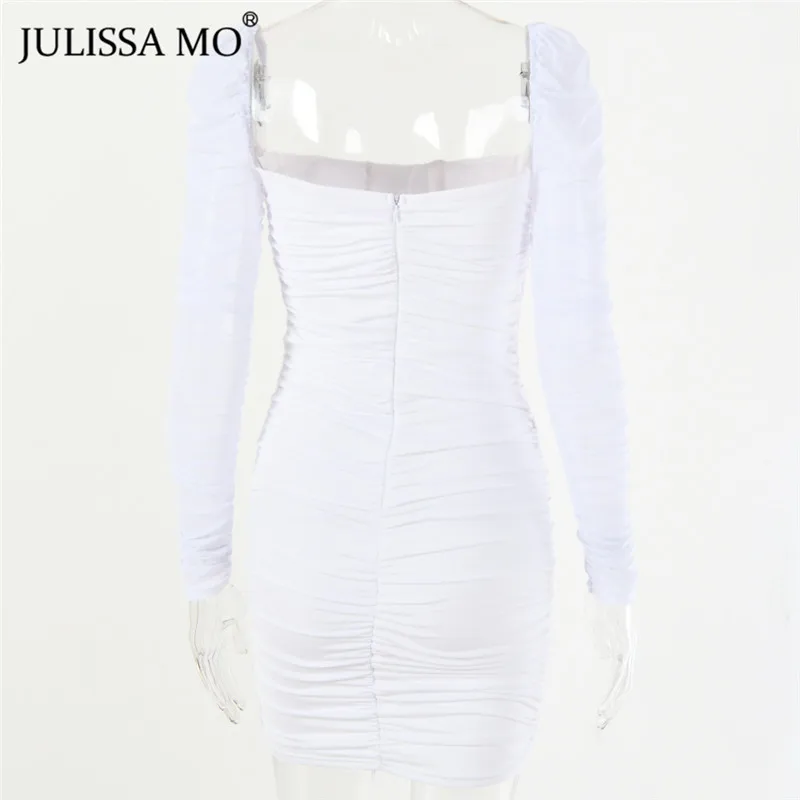 JULISSA MO White Mesh Ruched Autumn Dress Women Strapless Bodycon Sexy Party Dress Fashion Ruched Bandage Dresses Vestidos Short