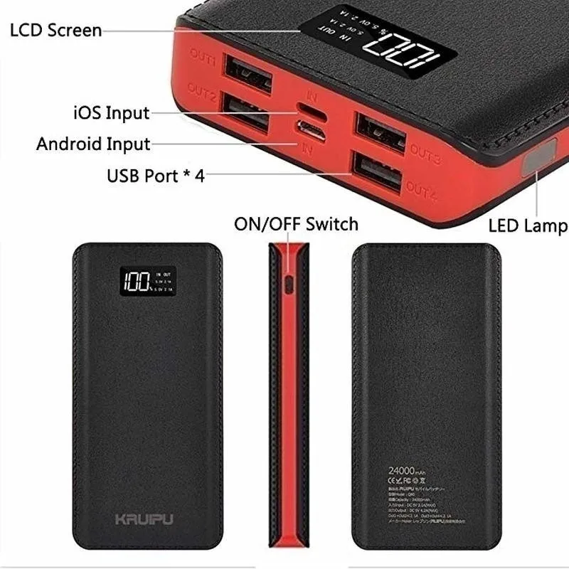 Внешний аккумулятор большой емкости 30000 мАч с ЖК дисплеем и 4usb портами|Внешние