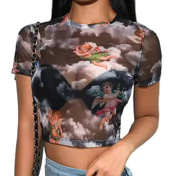 

Women Short Sleeve Turtleneck Crop Top Angel Cupid Print Sexy Sheer Mesh T-Shirt