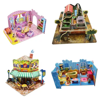 

Family leisure and entertainment 3D DIY Jigsaw Puzzle Castle Model Cartoon House Assembling Paper Toy Kid Early Learning H5
