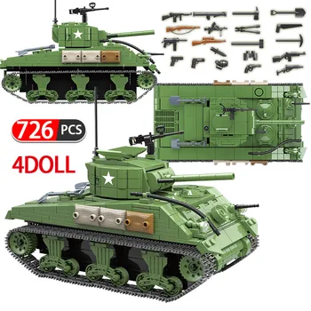 

726PCS Army USA Sherman M4A1 Tank Model Building Blocks Military WW2 Soldier Figures Weapon DIY Bricks Toys for Boys