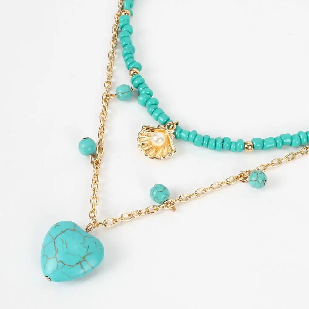 Wgoud Heart Pendant Necklace Bohemian Statement Fashion Two Layer Seed Bead Chains Natural Stone Necklace For Women Gift
