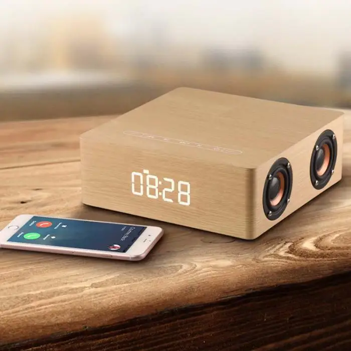 Wholesale Portable Wooden U-disk Reading AUX Play Wireless Bluetooth Loudspeaker with 4 Horns Alarm Clock Music Player
