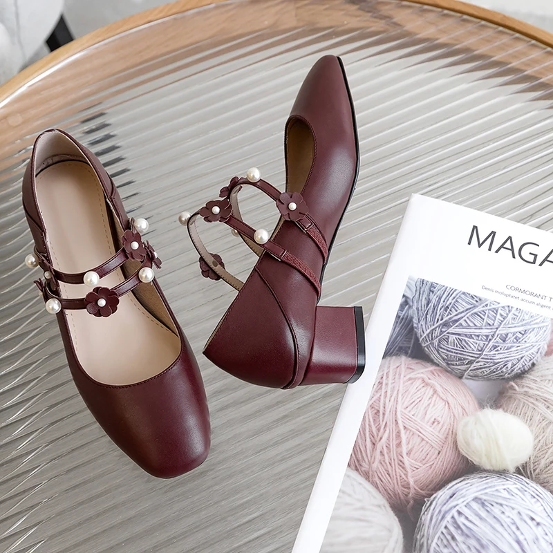 Brand Quality Party Pumps Spring Summer Bead Girl Mature Leather Round Toe Square Heels Wedding Women Shoes
