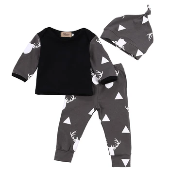 

2019 Winter Infant Newborn Kids Baby Girl Boy Deer Clothes Long Sleeve T shirt+Pants Leggings+Hat Outfit Sets