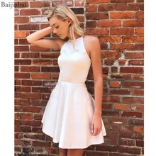 Baijinbai, милое атласное ТРАПЕЦИЕВИДНОЕ платье для выпускного вечера с карманами, кристаллы, круглый вырез, короткое выпускное платье, официальное коктейльное платье