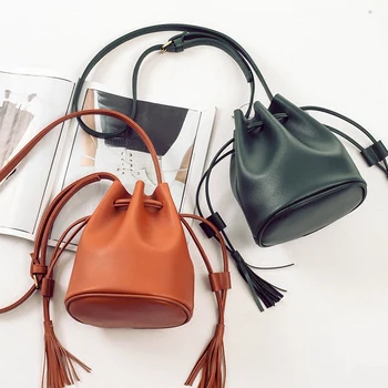 

2020 New Mini Lady Crossbody Handbags Solid Bucket Bag Organizer Small Tassel PU Leather Womens Shoulder Messenger Bags Bolsos
