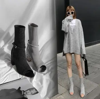 

2019 Knitted Sock Ankle Boots for Women Round high heels peep toe Slim Slip on Elastic Spring Shoes Women Botas Mujer two style