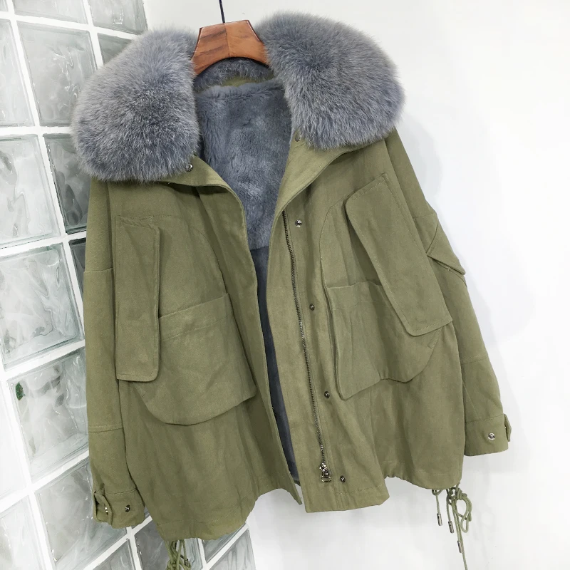 Стиль сафари парка пальто из натурального меха зимняя куртка Женский натуральный Лисий Мех датский Рекс кролик лайнер Свободная верхняя одежда - Color: Green Grey