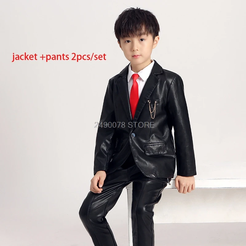 jacket pants 2pcs Куртки для мальчиков; коллекция года; модная брендовая ветрозащитная водонепроницаемая куртка из искусственной кожи+ брюки; комплект одежды из 2 предметов для маленьких детей - Цвет: jacket pants 2pcs
