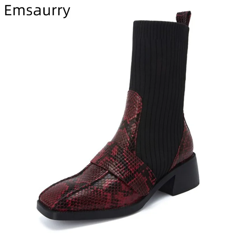 

Fashion Short Boots Women Elegant Square Toe Serpentine Pattern Party Footwear Comfy Low Heel Chic Mix Knit Fabric Boots Woman